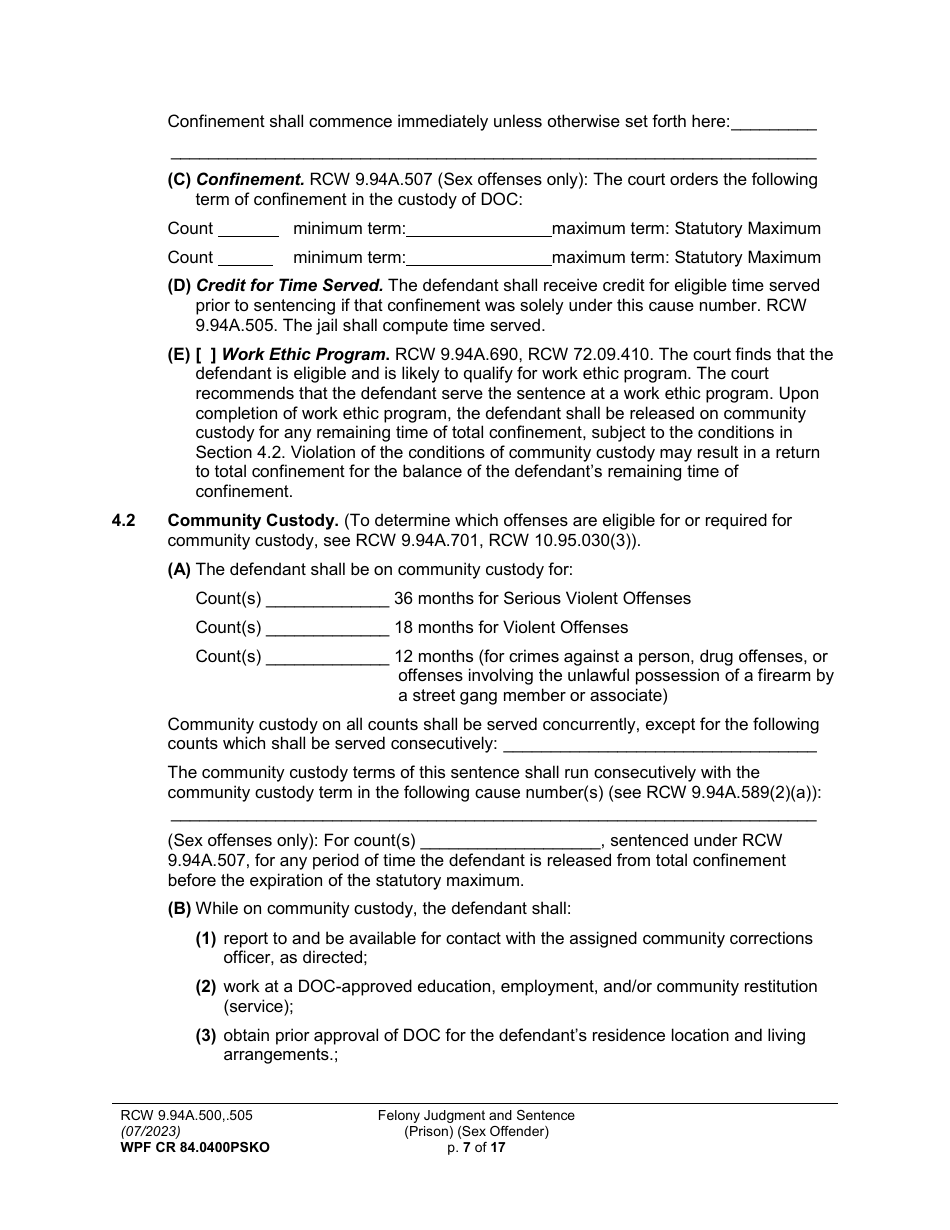Form WPF CR84.0400 PSKO Felony Judgment and Sentence - Prison (Sex Offense and Kidnapping of a Minor) - Washington, Page 7