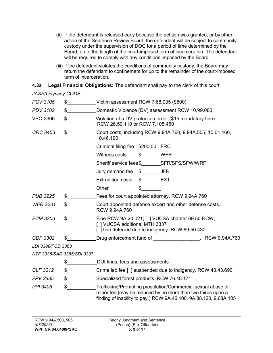 Form WPF CR84.0400 PSKO Felony Judgment and Sentence - Prison (Sex Offense and Kidnapping of a Minor) - Washington, Page 9