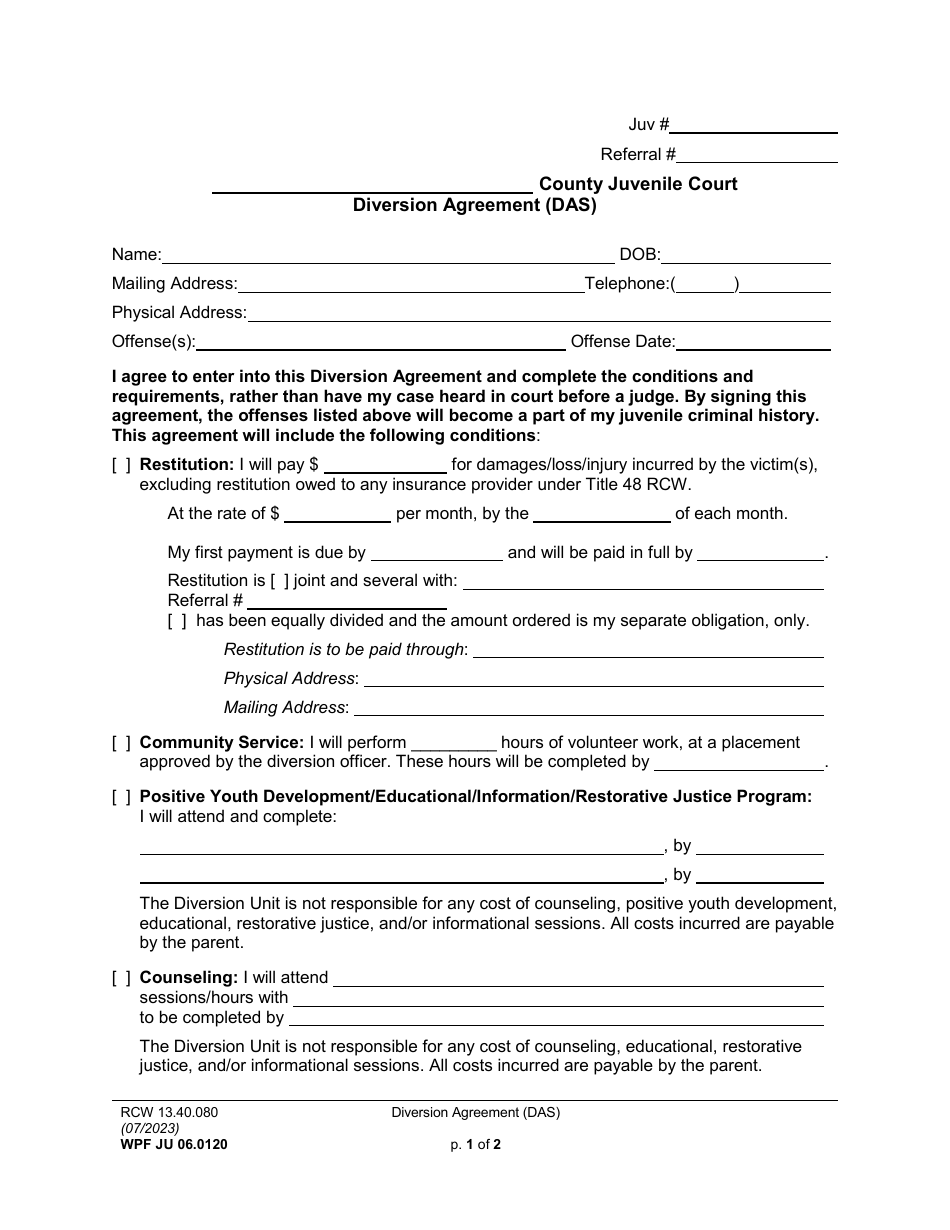 Form WPF JU06.0120 Diversion Agreement (Das) - Washington, Page 1