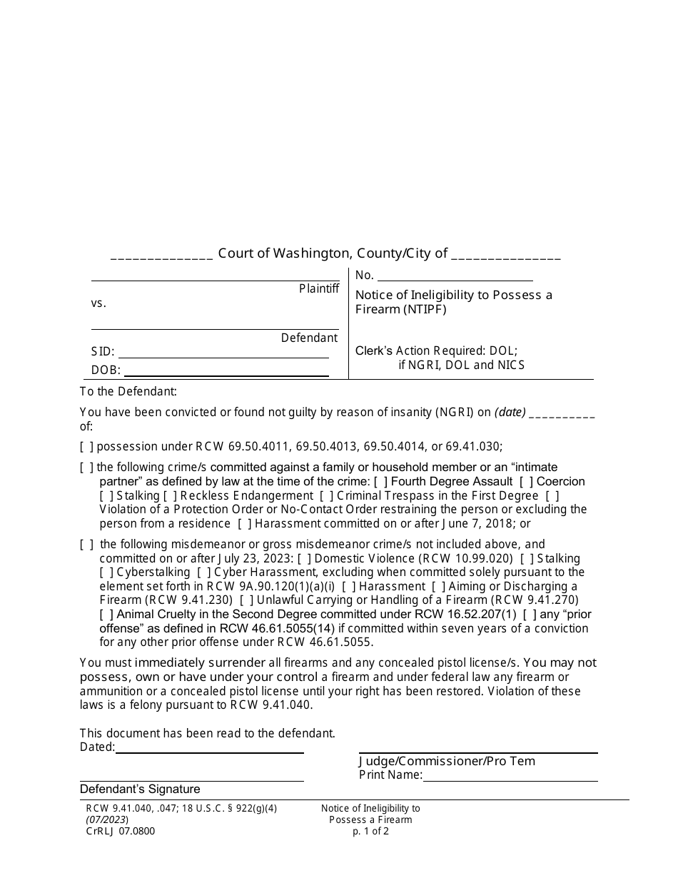 Form CrRLJ07.0800 Notice of Ineligibility to Possess a Firearm (Ntipf) - Washington, Page 1