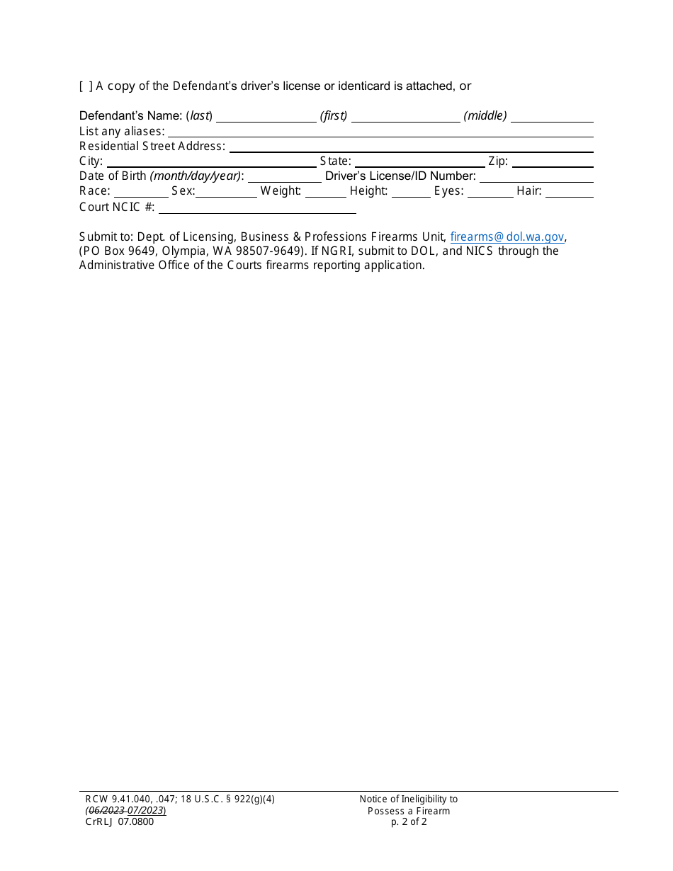 Form CrRLJ07.0800 Notice of Ineligibility to Possess a Firearm (Ntipf) - Washington, Page 2