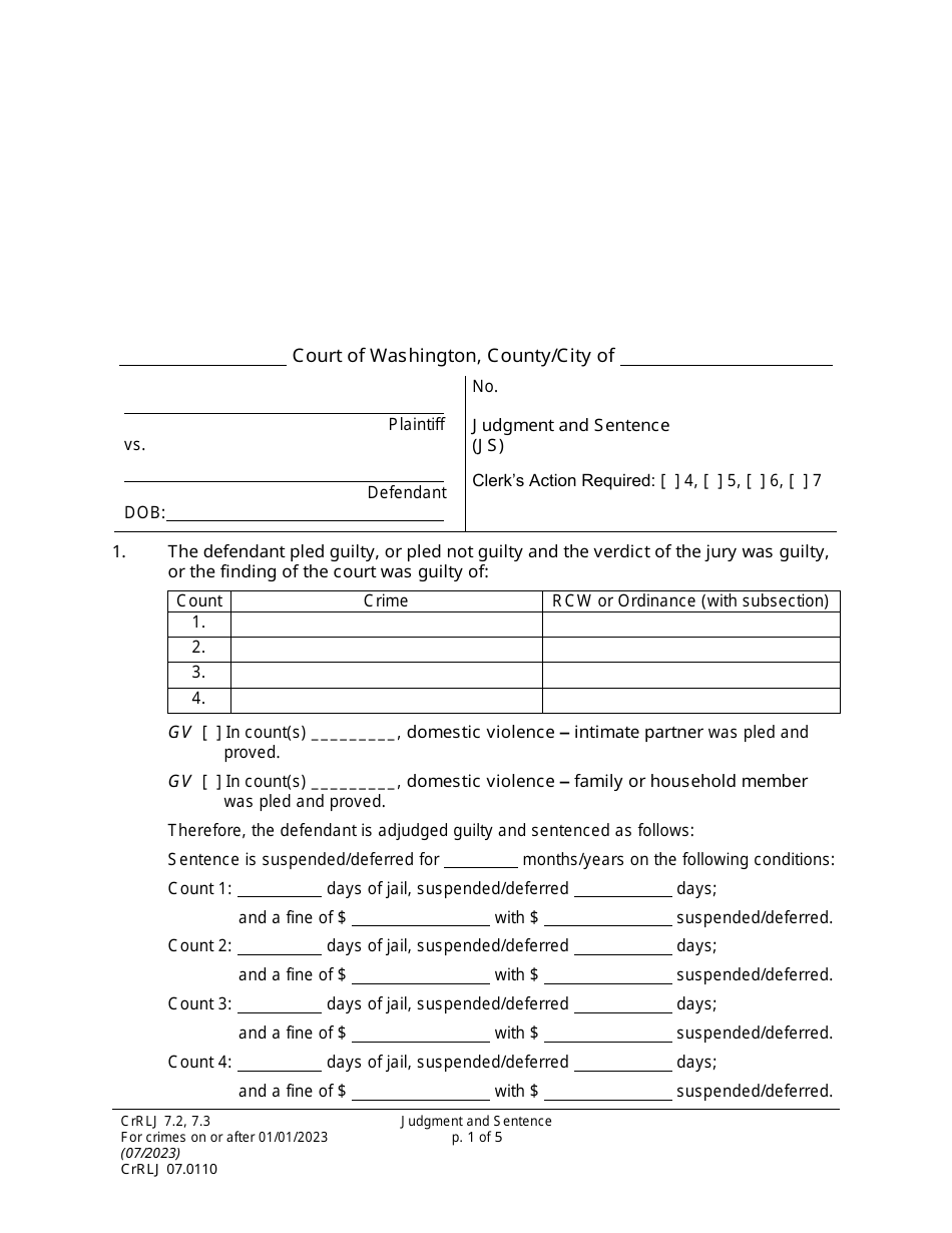 Form CrRLJ07.0110 Judgment and Sentence (Js) - Washington, Page 1