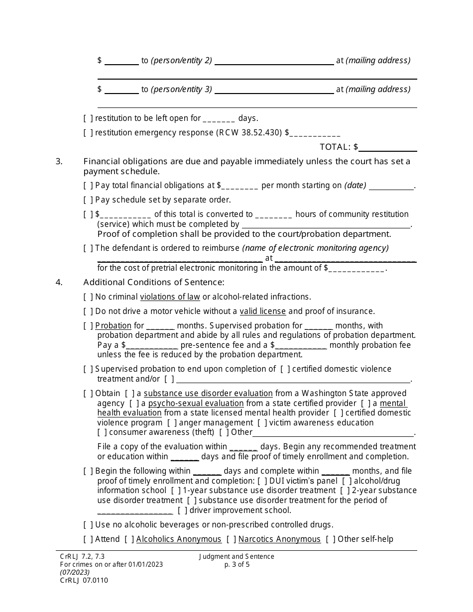 Form CrRLJ07.0110 Judgment and Sentence (Js) - Washington, Page 3