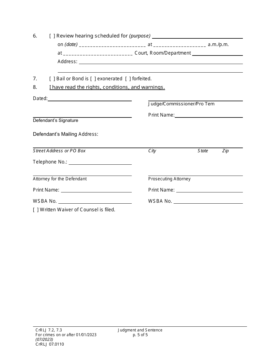 Form CrRLJ07.0110 Judgment and Sentence (Js) - Washington, Page 5