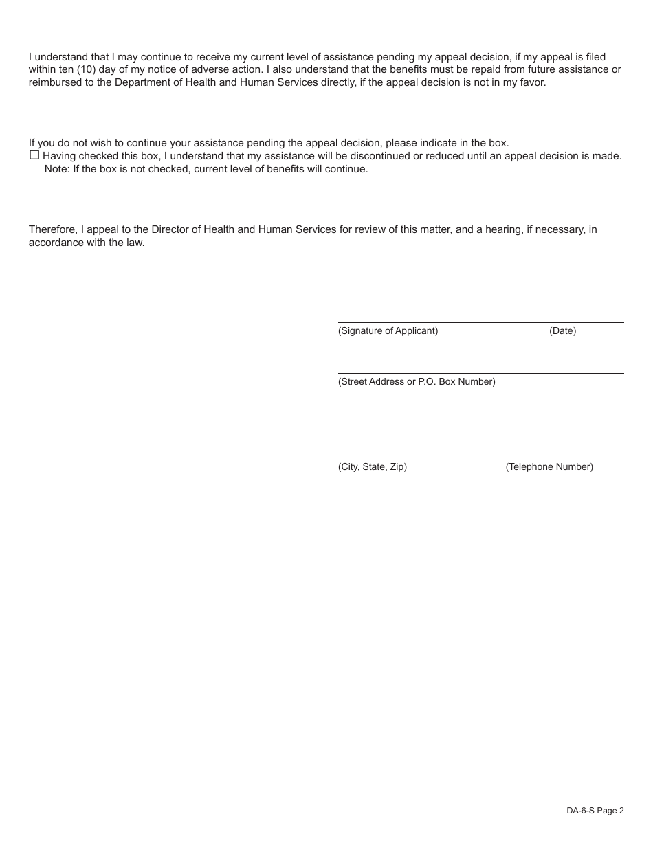 Form DA-6-S Notice and Petition for Fair Hearing - Nebraska, Page 2