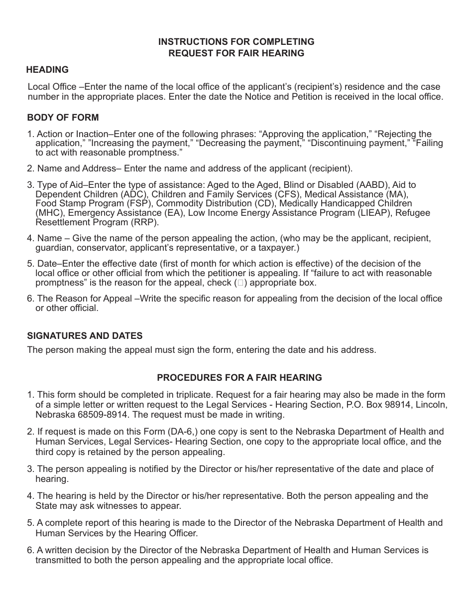 Form DA-6-S Notice and Petition for Fair Hearing - Nebraska, Page 3