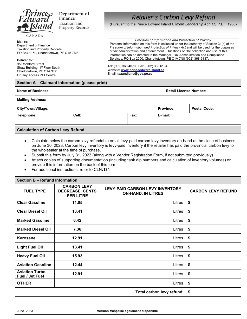 Retailers Carbon Levy Refund - Prince Edward Island, Canada, Page 1