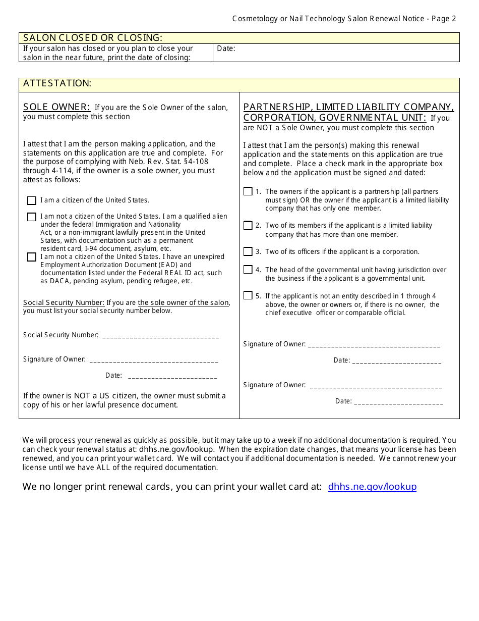 Renewal Notice - Cosmetology or Nail Technology Salon - Nebraska, Page 2