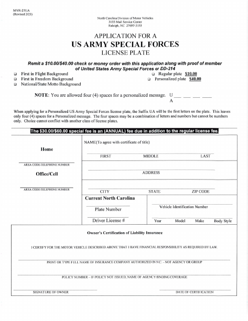 Form MVR-27UA Application for a U.S. Army Special Forces License Plate - North Carolina