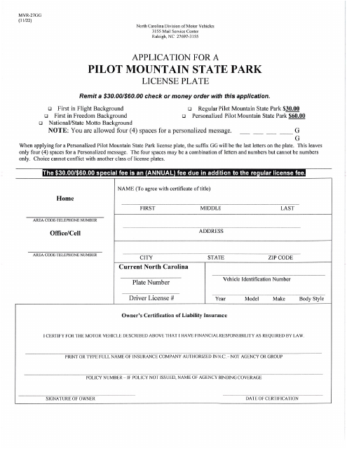 Form MVR-27GG Application for a Pilot Mountain State Park License Plate - North Carolina