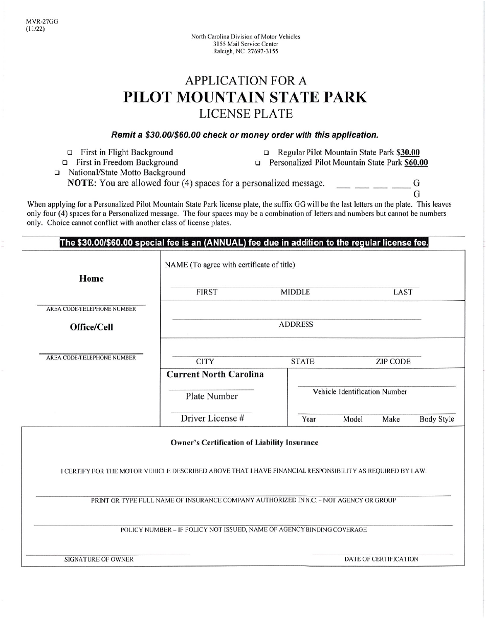 Form MVR-27GG Application for a Pilot Mountain State Park License Plate - North Carolina, Page 1
