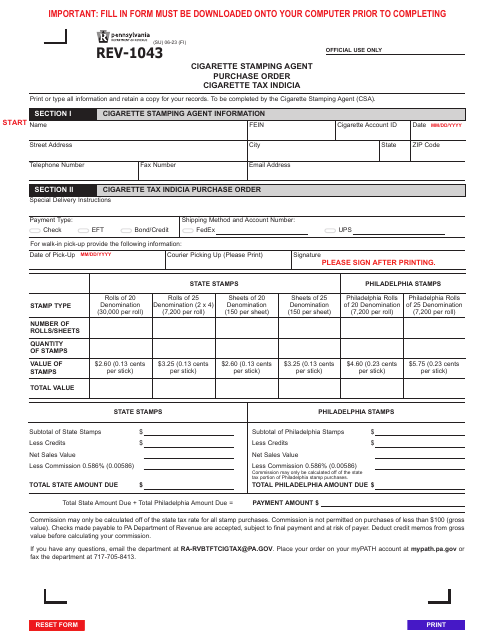 Form REV-1043 Cigarette Stamping Agent Purchase Order Cigarette Tax Indicia - Pennsylvania