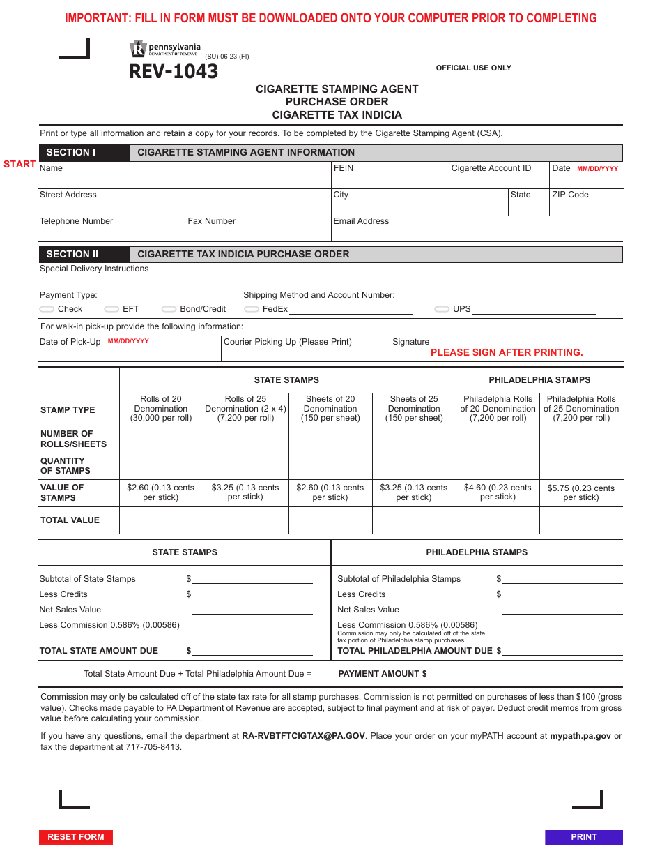 Form REV-1043 Cigarette Stamping Agent Purchase Order Cigarette Tax Indicia - Pennsylvania, Page 1