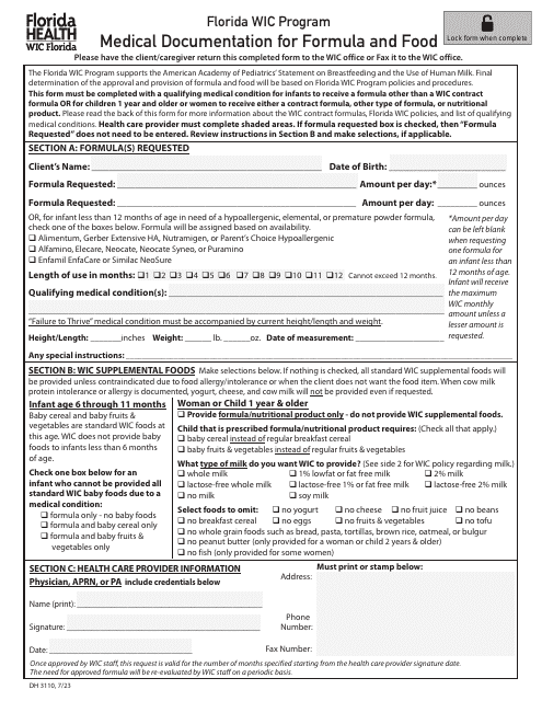 Form DH3110 Medical Documentation for Formula and Food - Florida Wic Program - Florida