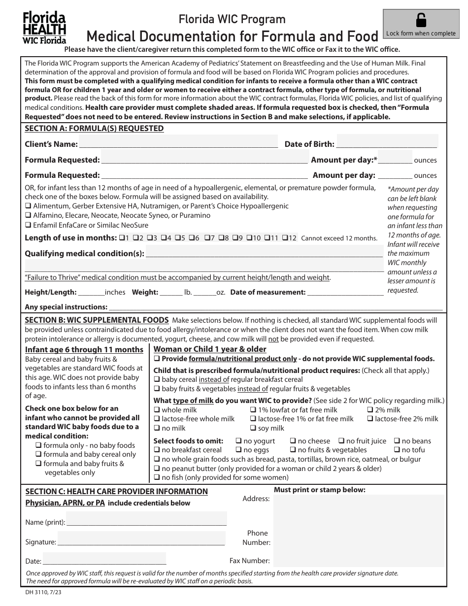 Form DH3110 Medical Documentation for Formula and Food - Florida Wic Program - Florida, Page 1