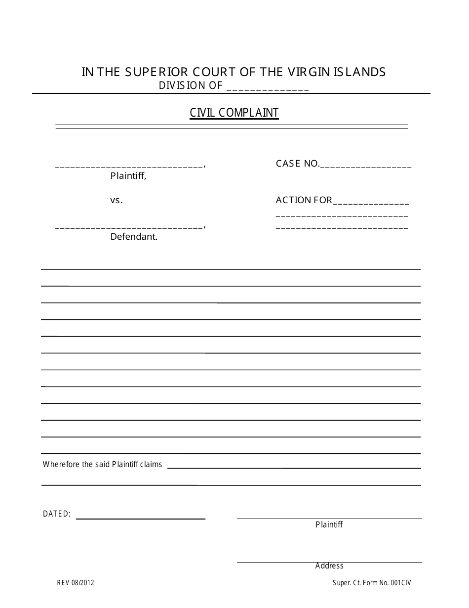 Super. Ct. Form 001CIV Civil Complaint - Virgin Islands, Page 1