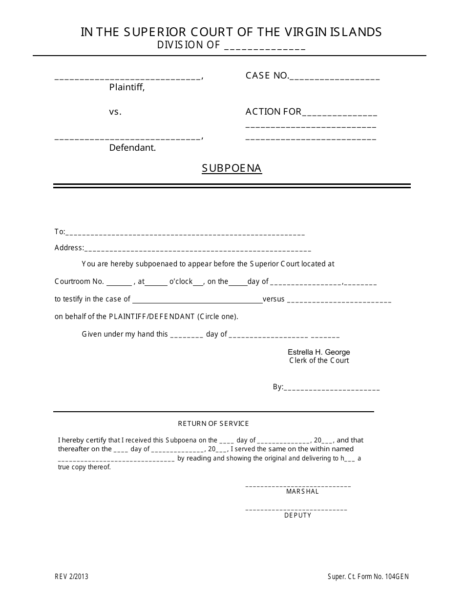 Super. Ct. Form 104GEN Subpoena - Civil - Virgin Islands, Page 1