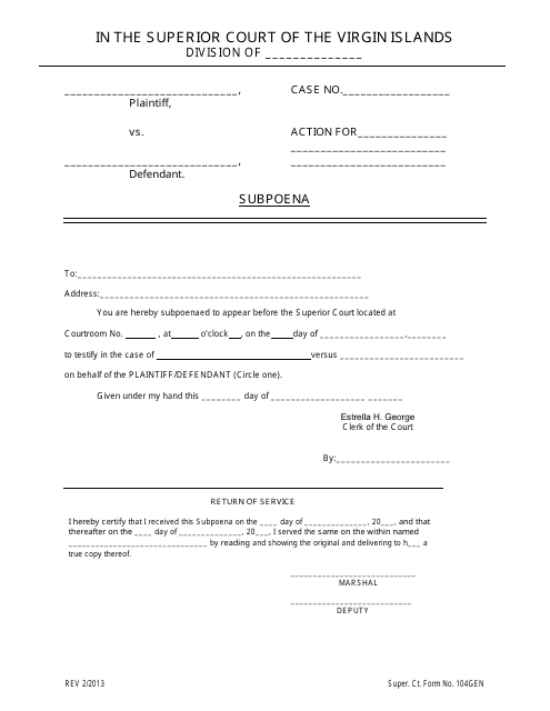 Super. Ct. Form 104GEN Subpoena - Civil - Virgin Islands