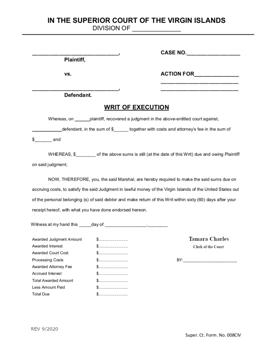 Form 008CIV Writ of Execution - Virgin Islands, Page 1