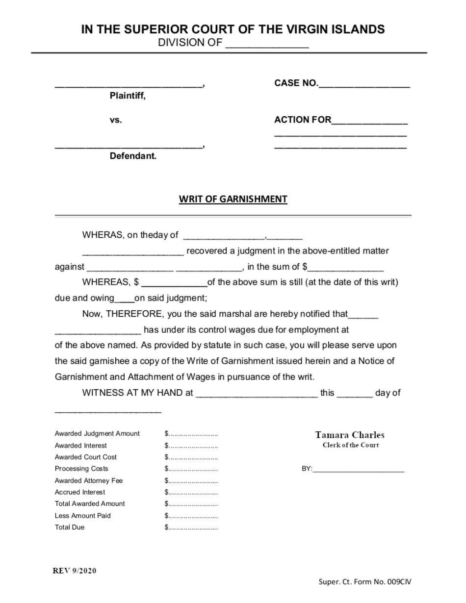 Form 009CIV Writ of Garnishment - Virgin Islands, Page 1