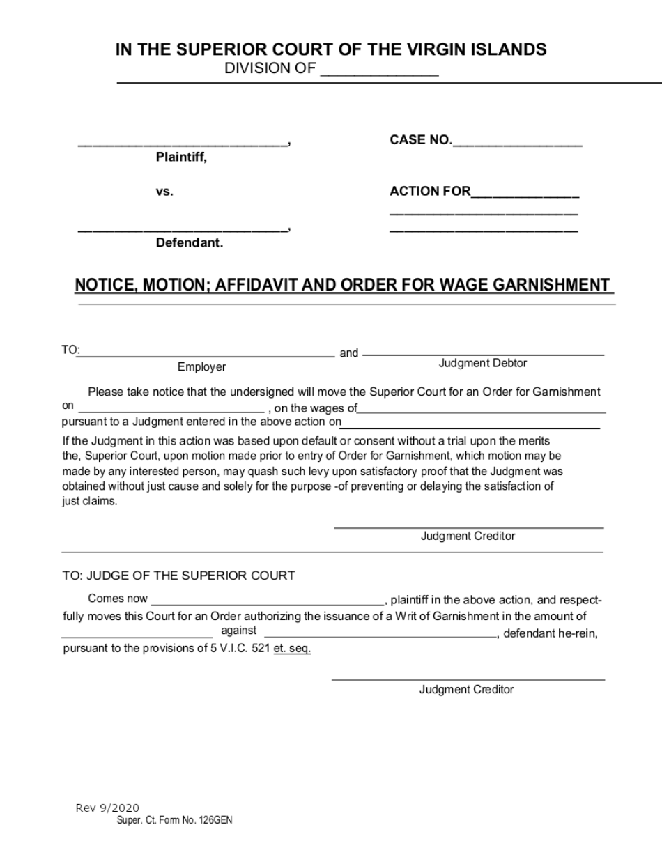 Form 126GEN (010CIV) Notice, Motion; Affidavit and Order for Wage Garnishment - Virgin Islands, Page 1