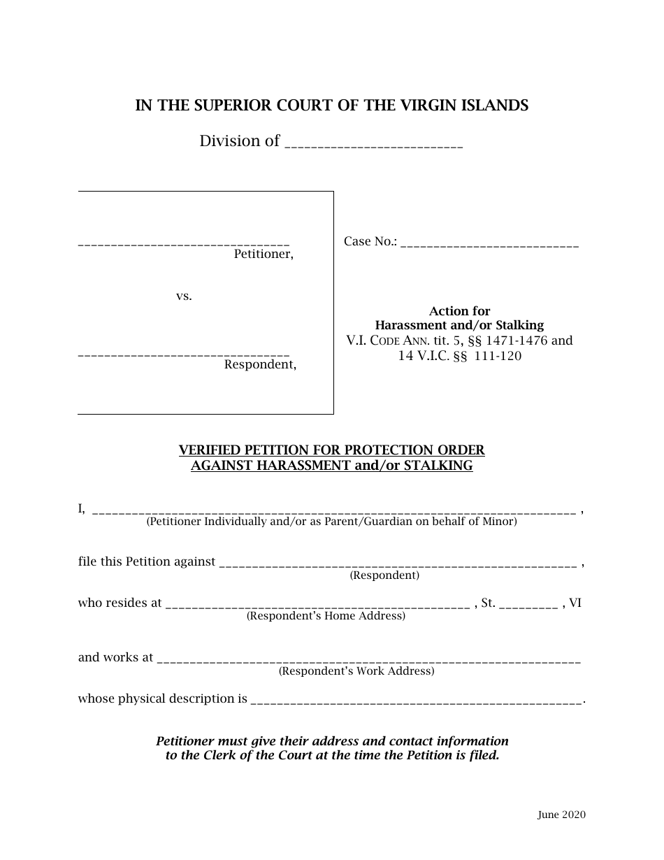 Verified Petition for Protection Order Against Harassment and / or Stalking - Virgin Islands, Page 1