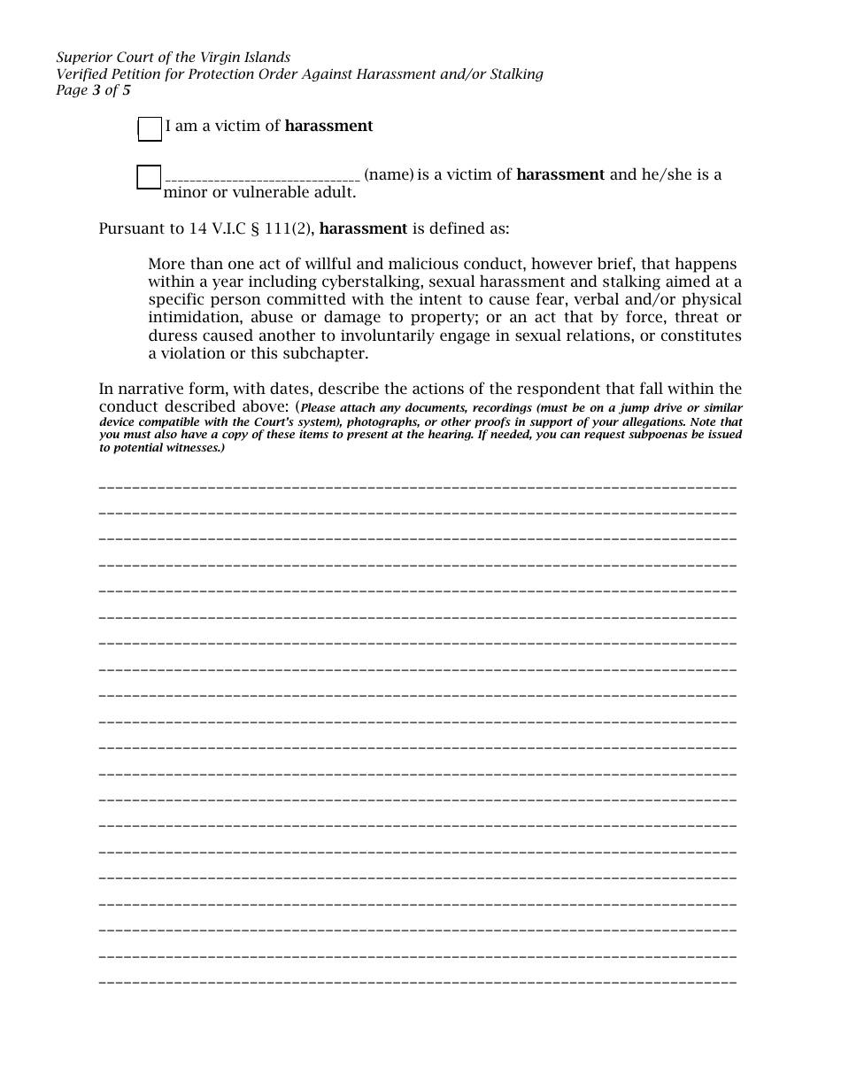 Verified Petition for Protection Order Against Harassment and / or Stalking - Virgin Islands, Page 3