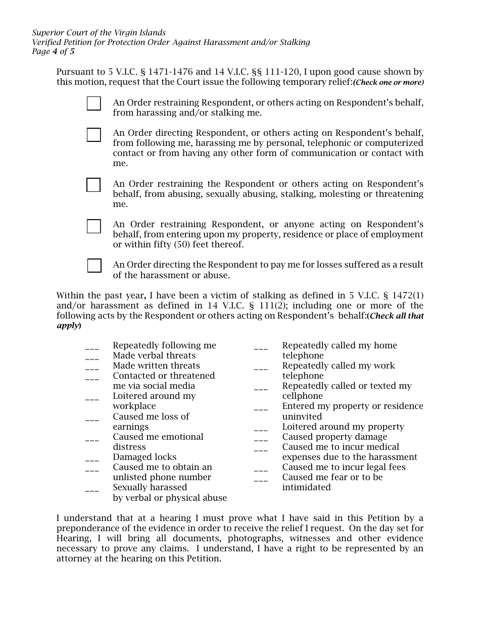 Verified Petition for Protection Order Against Harassment and / or Stalking - Virgin Islands, Page 4