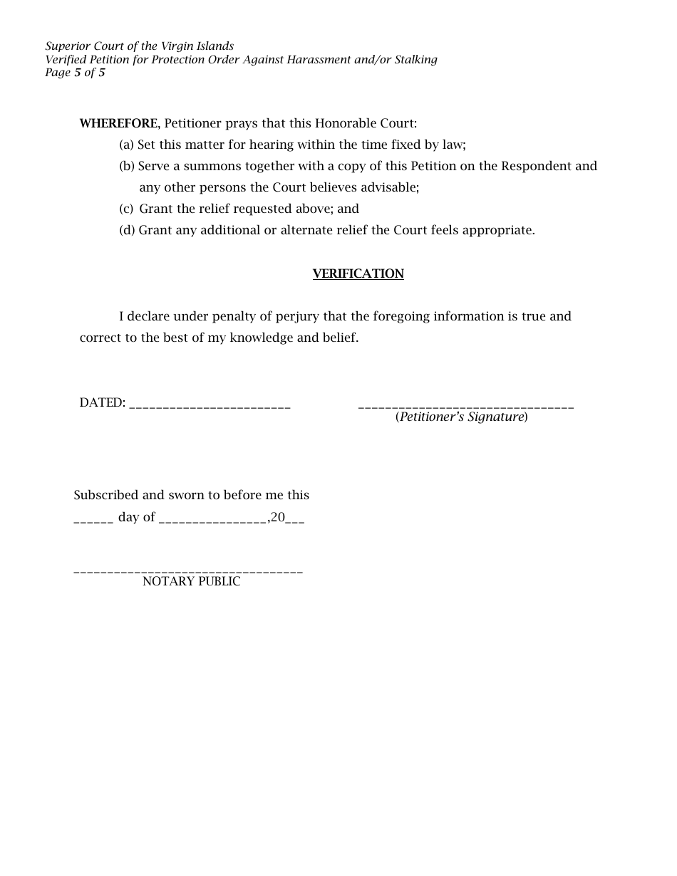 Verified Petition for Protection Order Against Harassment and / or Stalking - Virgin Islands, Page 5