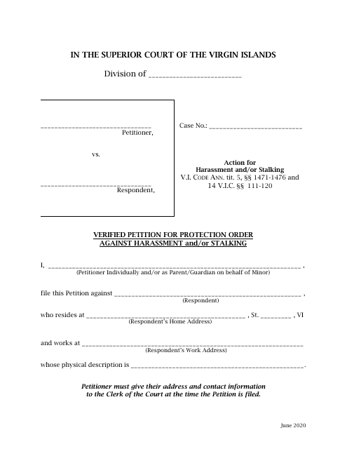 Verified Petition for Protection Order Against Harassment and / or Stalking - Virgin Islands Download Pdf