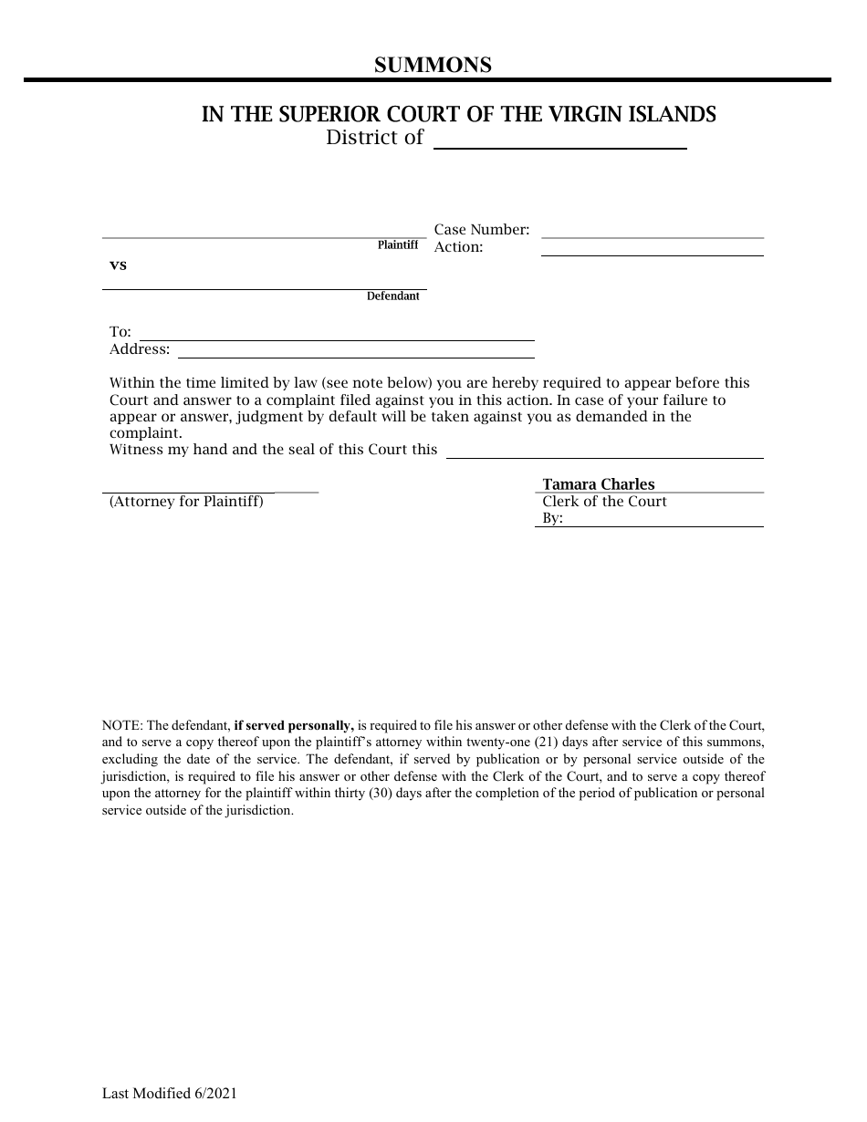 Civil 21 Day Summons - Virgin Islands, Page 1
