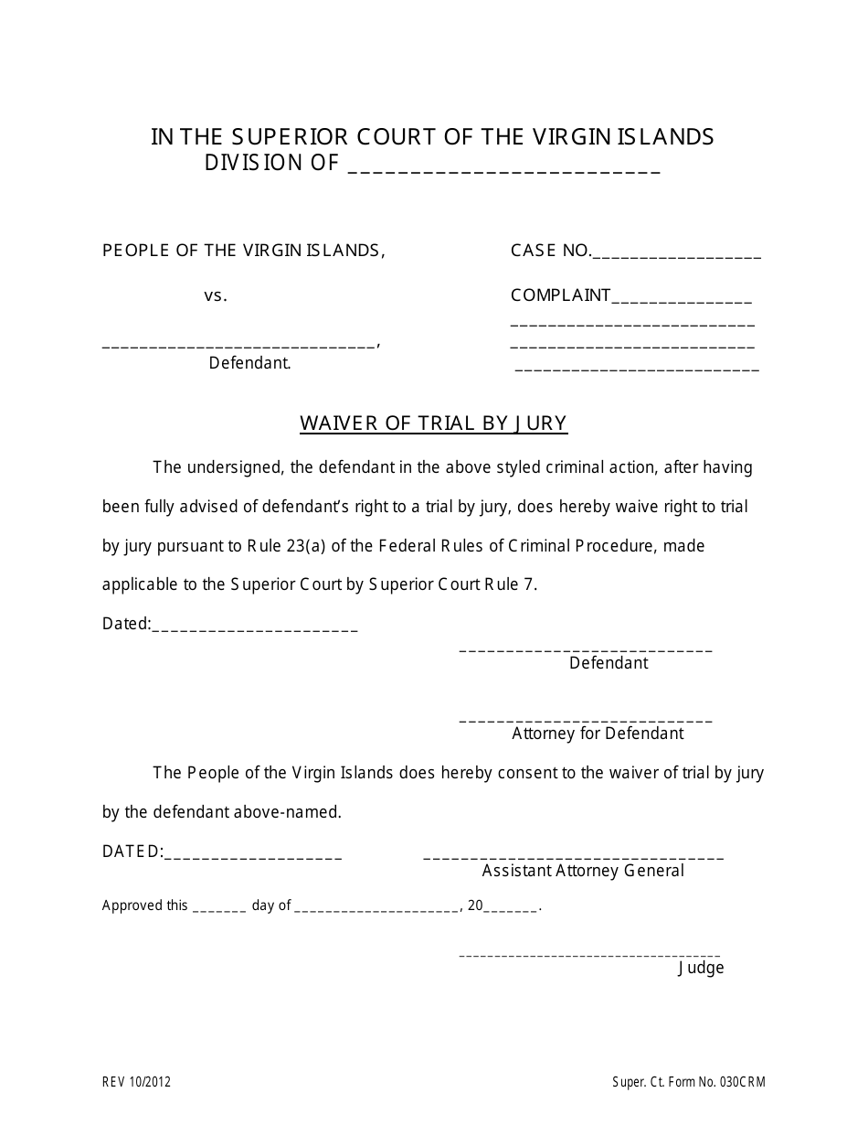 Super. Ct. Form 030CRM Waiver of Trial by Jury - Virgin Islands, Page 1