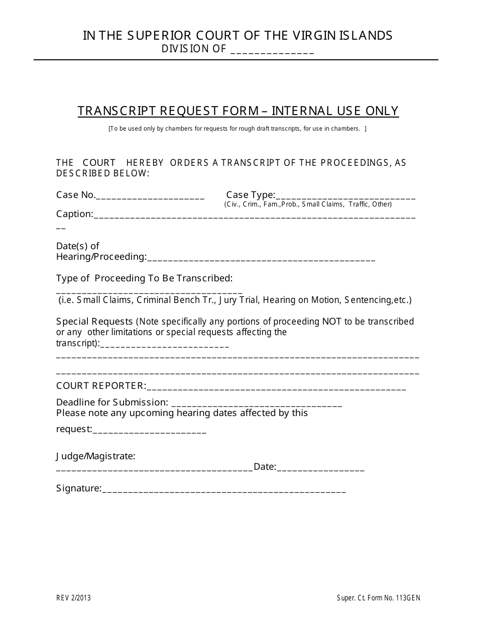 Super. Ct. Form 113GEN Transcript Request Form - Internal Use Only - Virgin Islands, Page 1