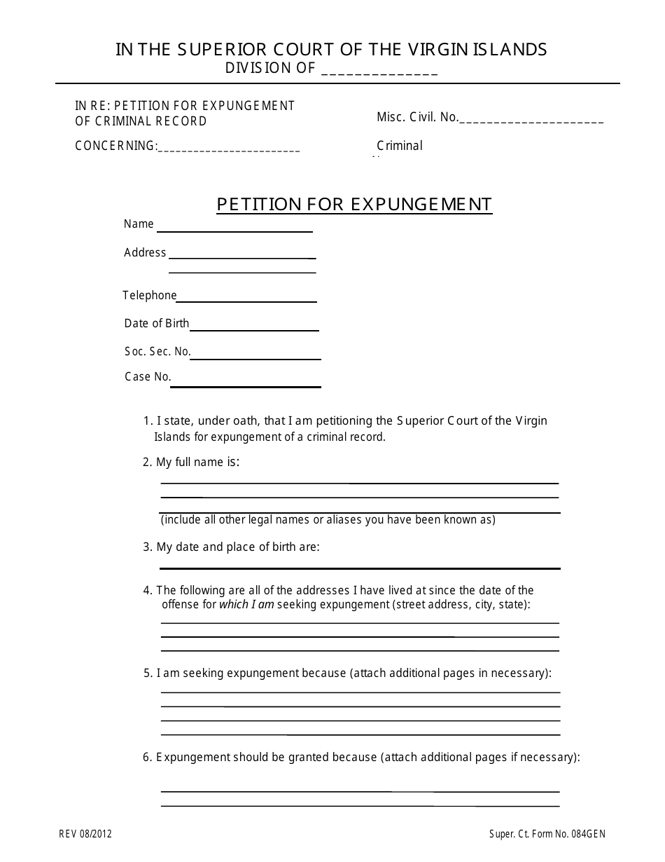 Super. Ct. Form 084GEN Petition for Expungement - Virgin Islands, Page 1