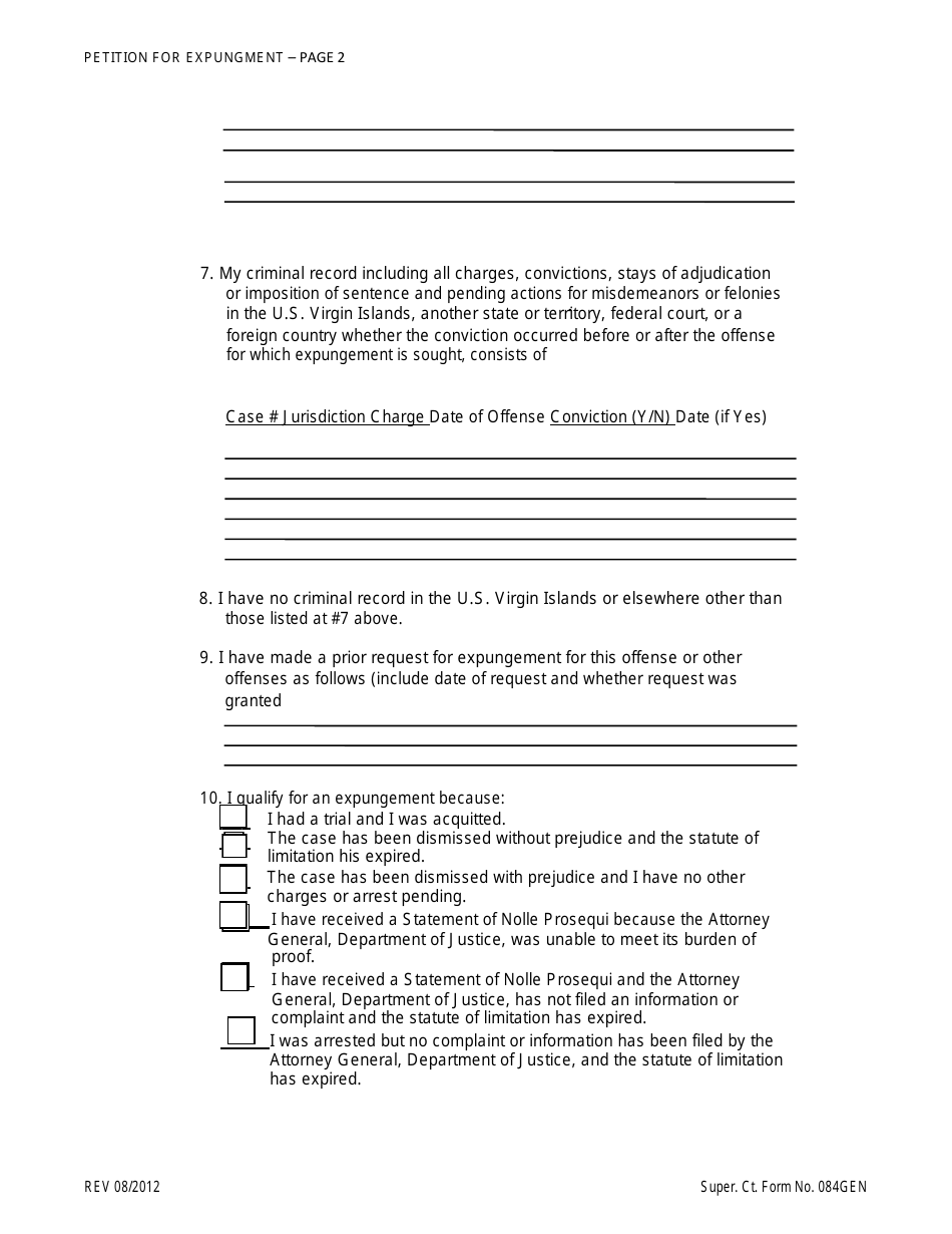 Super. Ct. Form 084GEN Petition for Expungement - Virgin Islands, Page 2