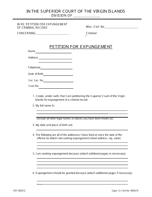 Super. Ct. Form 084GEN Petition for Expungement - Virgin Islands