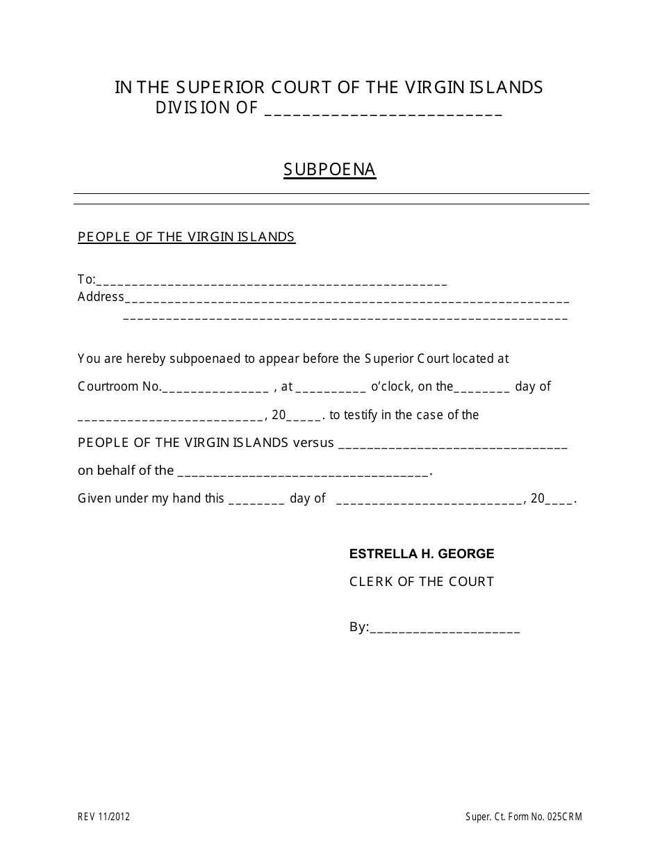 Super. Ct. Form 025CRM Subpoena - Criminal - Virgin Islands, Page 1