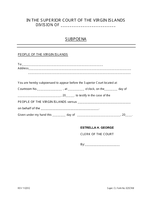 Super. Ct. Form 025CRM Subpoena - Criminal - Virgin Islands
