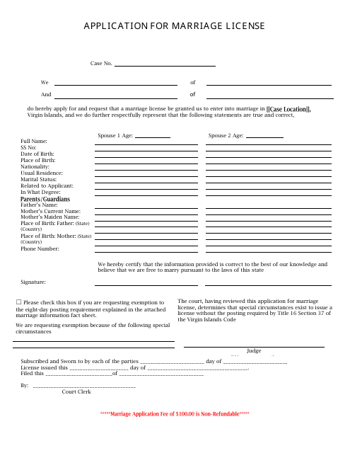 Application for Marriage License - Virgin Islands Download Pdf
