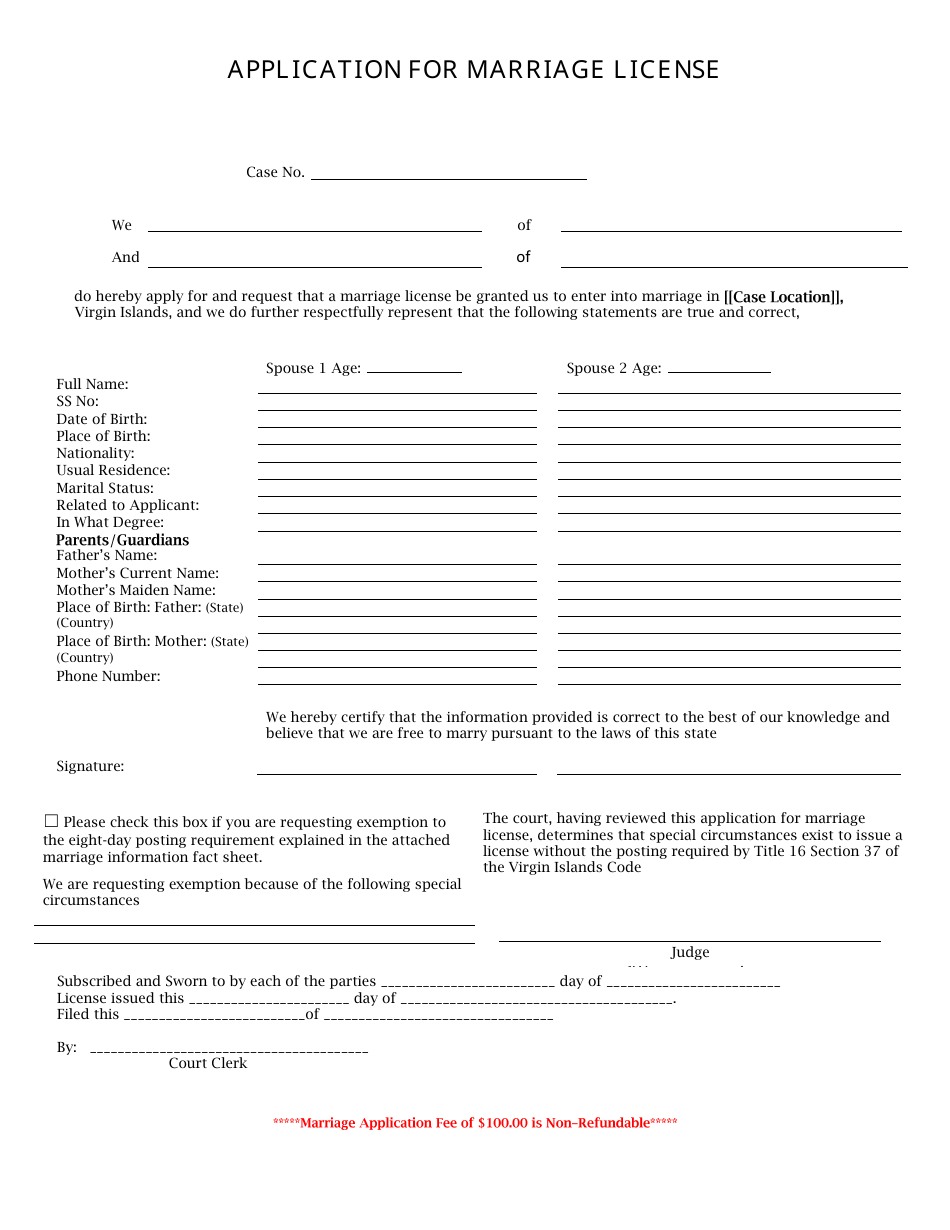 Application for Marriage License - Virgin Islands, Page 1