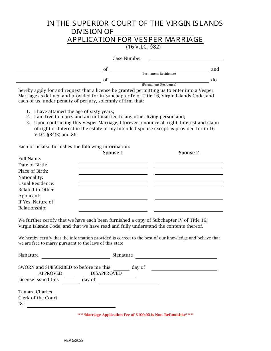 Application for Vesper Marriage - Virgin Islands, Page 1