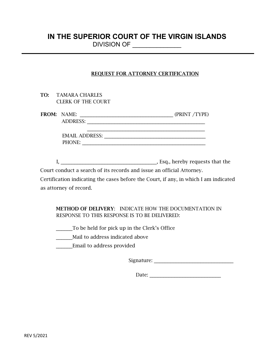 Request for Attorney Certification - Virgin Islands, Page 1