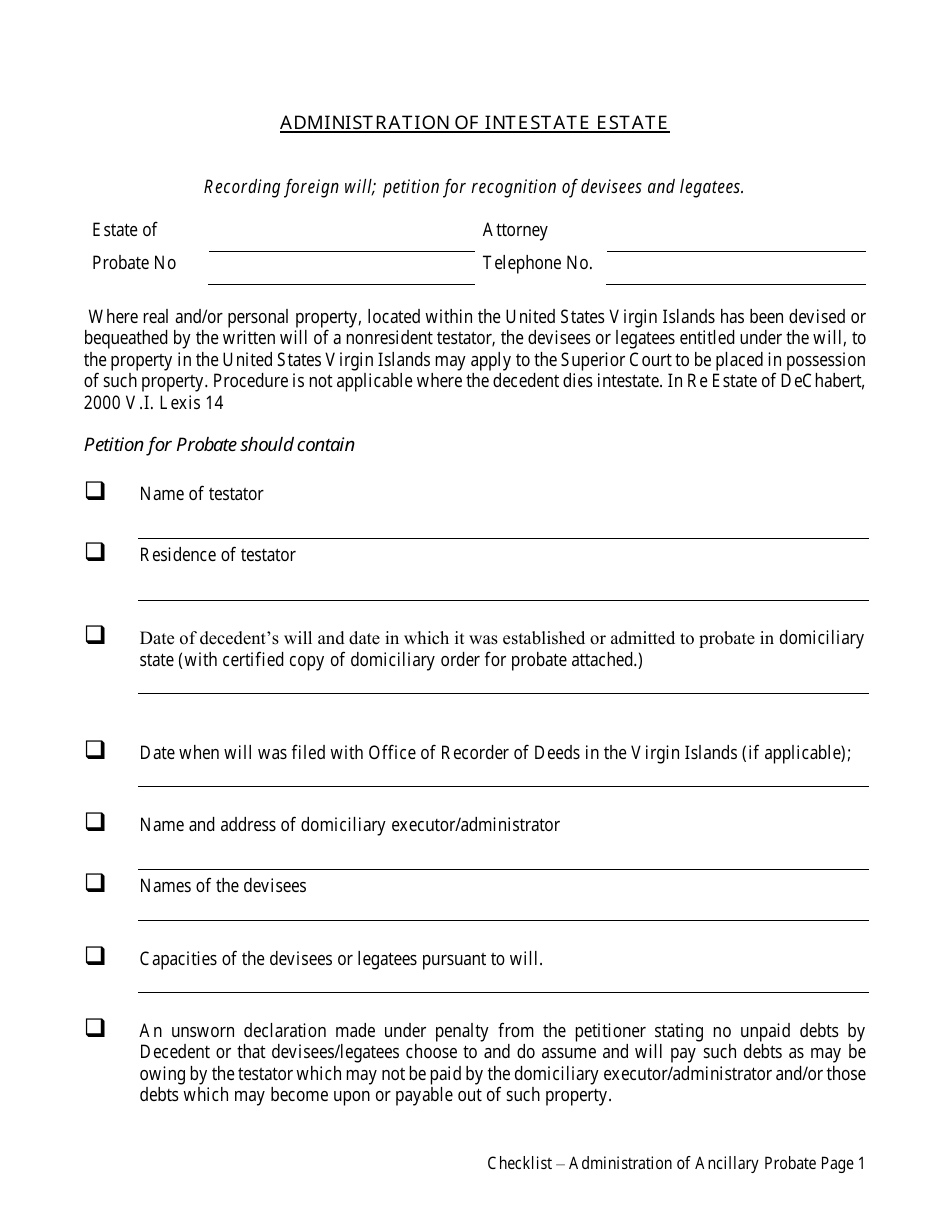 Administration of Ancillary Estate Checklist - Virgin Islands, Page 1
