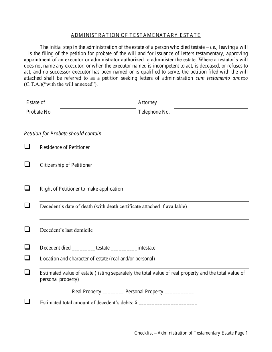 Administration of Testamenatary Estate Checklist - Virgin Islands, Page 1