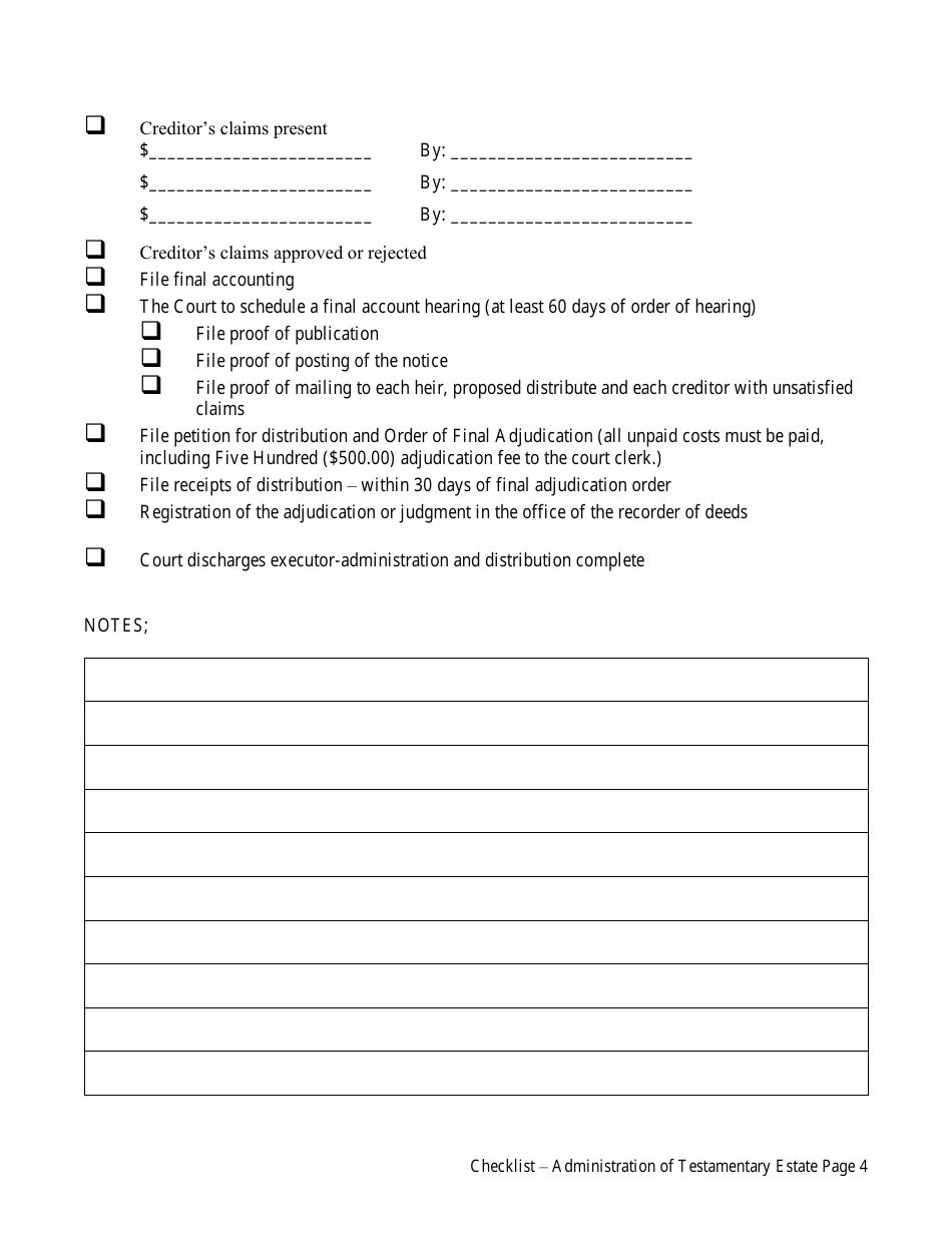 Administration of Testamenatary Estate Checklist - Virgin Islands, Page 4