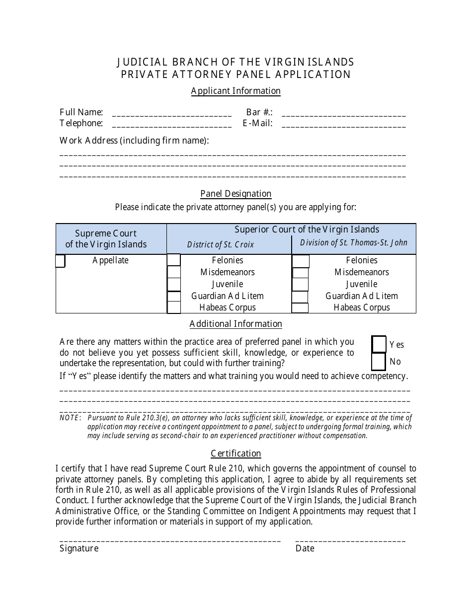 Private Attorney Panel Application - Virgin Islands, Page 1