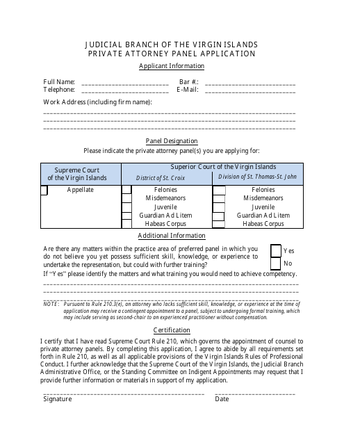 Private Attorney Panel Application - Virgin Islands Download Pdf