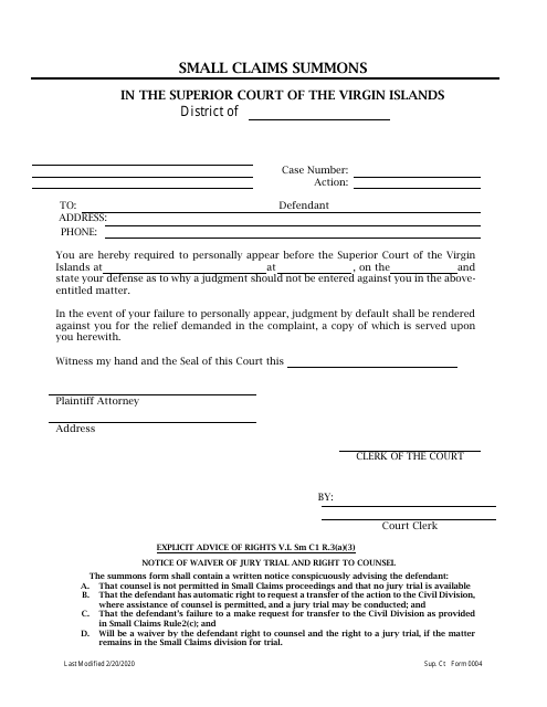 Form 0004 Small Claims Summons - Virgin Islands