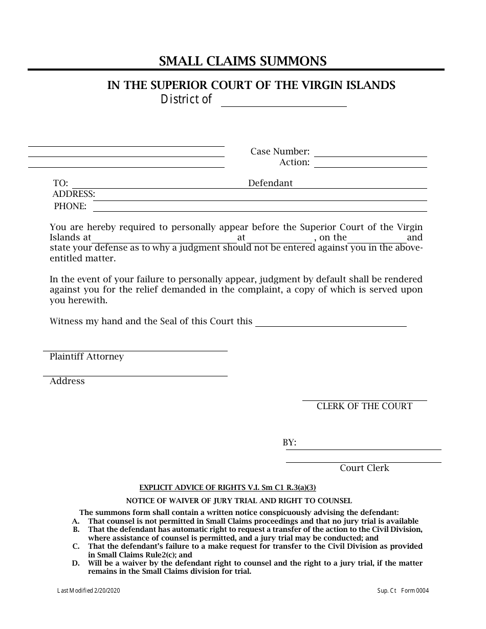 Form 0004 Small Claims Summons - Virgin Islands, Page 1