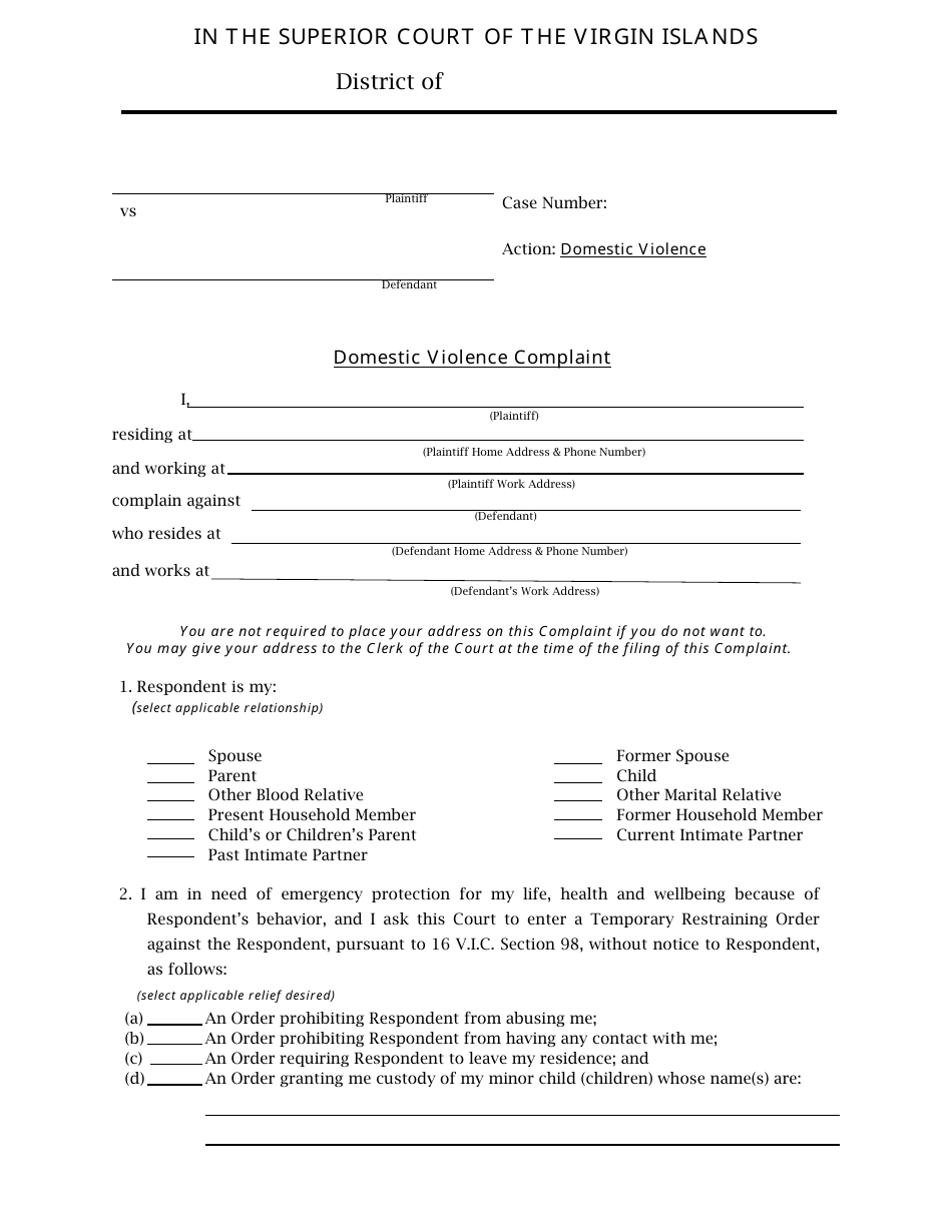 Domestic Violence Complaint - Virgin Islands, Page 1